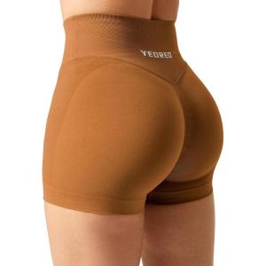 imageYEOREO Scrunch Butt Workout Shorts Women 35quot Seamless V Cross Waist Sport Gym Amplify ShortsRed Brown