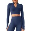 imageYEOREO Women Zip Up Long Sleeve Workout Crop Top Mock Neck Yoga ShirtNavy