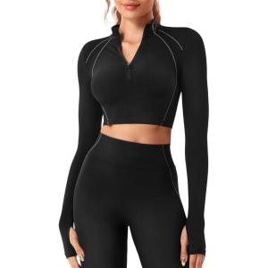 imageYEOREO Women Zip Up Long Sleeve Workout Crop Top Mock Neck Yoga ShirtBlack