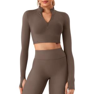 imageYEOREO Women Zip Up Long Sleeve Workout Crop Top Mock Neck Yoga ShirtCoffee