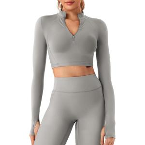 imageYEOREO Women Zip Up Long Sleeve Workout Crop Top Mock Neck Yoga ShirtGrey
