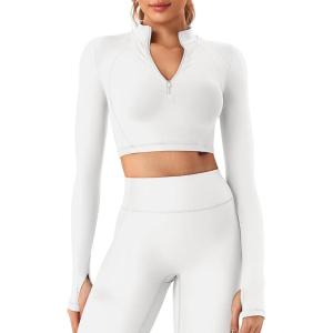 imageYEOREO Women Zip Up Long Sleeve Workout Crop Top Mock Neck Yoga ShirtWhite