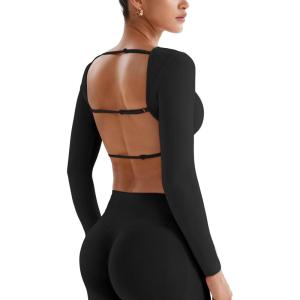 imageYEOREO Villay Women Sexy Backless Long Sleeve Adjustable Straps Seamless Going Out Tops Crewneck Open Back Y2K Crop StretchBlack