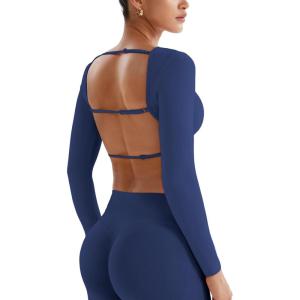 imageYEOREO Villay Women Sexy Backless Long Sleeve Adjustable Straps Seamless Going Out Tops Crewneck Open Back Y2K Crop StretchNavy
