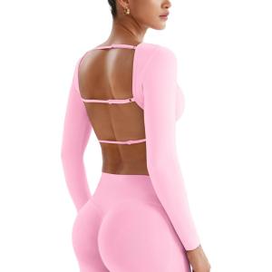 imageYEOREO Villay Women Sexy Backless Long Sleeve Adjustable Straps Seamless Going Out Tops Crewneck Open Back Y2K Crop StretchPink