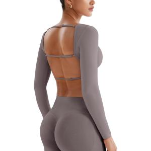 imageYEOREO Villay Women Sexy Backless Long Sleeve Adjustable Straps Seamless Going Out Tops Crewneck Open Back Y2K Crop StretchSandy Brown