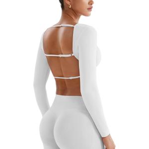 imageYEOREO Villay Women Sexy Backless Long Sleeve Adjustable Straps Seamless Going Out Tops Crewneck Open Back Y2K Crop StretchWhite
