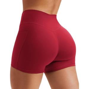 imageYEOREO Womens Biker Shorts with Pockets Workout Gym Shorts NAS High Waist Tummy Control Running Yoga ShortsJujube Red