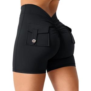 imageYEOREO Workout Shorts with Pockets for Women V Back Scrunch High Waisted Shorts Charm Gym Yoga Biker ShortsBlack
