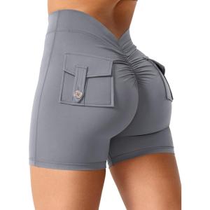 imageYEOREO Workout Shorts with Pockets for Women V Back Scrunch High Waisted Shorts Charm Gym Yoga Biker ShortsGrey