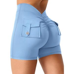 imageYEOREO Workout Shorts with Pockets for Women V Back Scrunch High Waisted Shorts Charm Gym Yoga Biker ShortsLight Blue