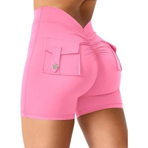 imageYEOREO Workout Shorts with Pockets for Women V Back Scrunch High Waisted Shorts Charm Gym Yoga Biker ShortsPink