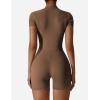 imageYEOREO Women Short Sleeve Workout Jumpsuit Zip Up Romper Bottom Shorts Bodysuit Bodycon Sexy One PieceCoffee