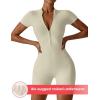 imageYEOREO Women Short Sleeve Workout Jumpsuit Zip Up Romper Bottom Shorts Bodysuit Bodycon Sexy One PieceCream