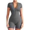 imageYEOREO Women Short Sleeve Workout Jumpsuit Zip Up Romper Bottom Shorts Bodysuit Bodycon Sexy One PieceGrey