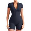 imageYEOREO Women Short Sleeve Workout Jumpsuit Zip Up Romper Bottom Shorts Bodysuit Bodycon Sexy One PieceNavy