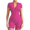 imageYEOREO Women Short Sleeve Workout Jumpsuit Zip Up Romper Bottom Shorts Bodysuit Bodycon Sexy One PiecePink