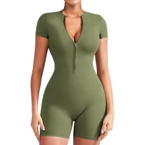 imageYEOREO Women Short Sleeve Workout Jumpsuit Zip Up Romper Bottom Shorts Bodysuit Bodycon Sexy One PieceArmy Green