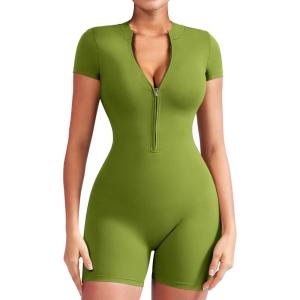 imageYEOREO Women Short Sleeve Workout Jumpsuit Zip Up Romper Bottom Shorts Bodysuit Bodycon Sexy One PieceAvocado