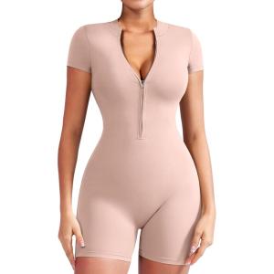 imageYEOREO Women Short Sleeve Workout Jumpsuit Zip Up Romper Bottom Shorts Bodysuit Bodycon Sexy One PieceBlossom