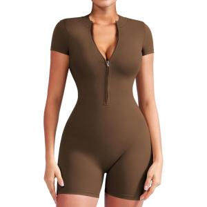 imageYEOREO Women Short Sleeve Workout Jumpsuit Zip Up Romper Bottom Shorts Bodysuit Bodycon Sexy One PieceCoffee