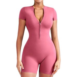 imageYEOREO Women Short Sleeve Workout Jumpsuit Zip Up Romper Bottom Shorts Bodysuit Bodycon Sexy One PieceCute Pink