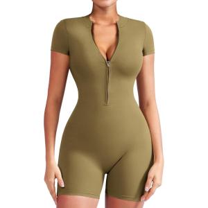 imageYEOREO Women Short Sleeve Workout Jumpsuit Zip Up Romper Bottom Shorts Bodysuit Bodycon Sexy One PieceGreen