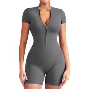 imageYEOREO Women Short Sleeve Workout Jumpsuit Zip Up Romper Bottom Shorts Bodysuit Bodycon Sexy One PieceGrey