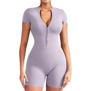 imageYEOREO Women Short Sleeve Workout Jumpsuit Zip Up Romper Bottom Shorts Bodysuit Bodycon Sexy One PiecePurple