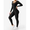 imageYEOREO Long Sleeve Jumpsuits for Women V Back Bodysuit Workout Full Length Bodycon Scrunch Leggings One Piece RomperBlack