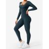 imageYEOREO Long Sleeve Jumpsuits for Women V Back Bodysuit Workout Full Length Bodycon Scrunch Leggings One Piece RomperBlue Green