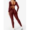 imageYEOREO Long Sleeve Jumpsuits for Women V Back Bodysuit Workout Full Length Bodycon Scrunch Leggings One Piece RomperBurgundy