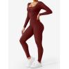 imageYEOREO Long Sleeve Jumpsuits for Women V Back Bodysuit Workout Full Length Bodycon Scrunch Leggings One Piece RomperBurgundy