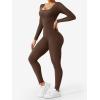 imageYEOREO Long Sleeve Jumpsuits for Women V Back Bodysuit Workout Full Length Bodycon Scrunch Leggings One Piece RomperCoffee