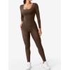 imageYEOREO Long Sleeve Jumpsuits for Women V Back Bodysuit Workout Full Length Bodycon Scrunch Leggings One Piece RomperCoffee