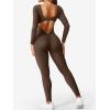 imageYEOREO Long Sleeve Jumpsuits for Women V Back Bodysuit Workout Full Length Bodycon Scrunch Leggings One Piece RomperCoffee