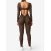 imageYEOREO Long Sleeve Jumpsuits for Women V Back Bodysuit Workout Full Length Bodycon Scrunch Leggings One Piece RomperCoffee