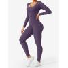 imageYEOREO Long Sleeve Jumpsuits for Women V Back Bodysuit Workout Full Length Bodycon Scrunch Leggings One Piece RomperDeep Purple