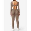 imageYEOREO Long Sleeve Jumpsuits for Women V Back Bodysuit Workout Full Length Bodycon Scrunch Leggings One Piece RomperLight Brown