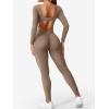 imageYEOREO Long Sleeve Jumpsuits for Women V Back Bodysuit Workout Full Length Bodycon Scrunch Leggings One Piece RomperLight Brown