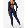 imageYEOREO Long Sleeve Jumpsuits for Women V Back Bodysuit Workout Full Length Bodycon Scrunch Leggings One Piece RomperNavy