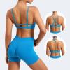 imageYEOREO Women V Neck Sports Bras Crisscross Adjustable Strappy Wirefree Padded Low Impact Yoga Gym Bra Workout Crop TopsBlue