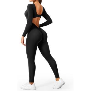 imageYEOREO Long Sleeve Jumpsuits for Women V Back Bodysuit Workout Full Length Bodycon Scrunch Leggings One Piece RomperBlack