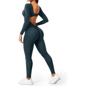 imageYEOREO Long Sleeve Jumpsuits for Women V Back Bodysuit Workout Full Length Bodycon Scrunch Leggings One Piece RomperBlue Green