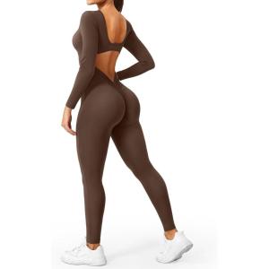 imageYEOREO Long Sleeve Jumpsuits for Women V Back Bodysuit Workout Full Length Bodycon Scrunch Leggings One Piece RomperCoffee