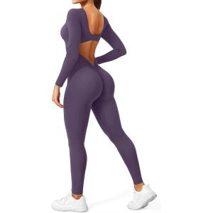 imageYEOREO Long Sleeve Jumpsuits for Women V Back Bodysuit Workout Full Length Bodycon Scrunch Leggings One Piece RomperDeep Purple