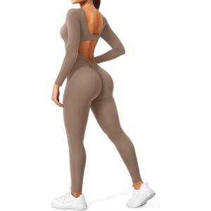 imageYEOREO Long Sleeve Jumpsuits for Women V Back Bodysuit Workout Full Length Bodycon Scrunch Leggings One Piece RomperLight Brown