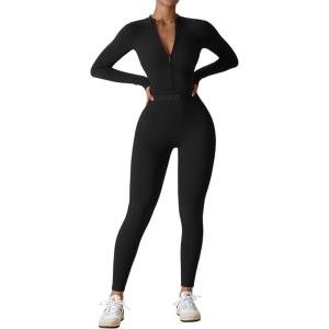 imageYEOREO Women Long Sleeve Workout Jumpsuit Zip Up Romper Bottom Pants Bodysuit Bodycon Sexy One PieceBlack