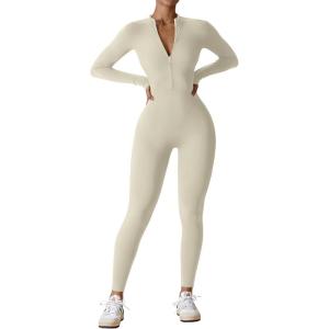 imageYEOREO Women Long Sleeve Workout Jumpsuit Zip Up Romper Bottom Pants Bodysuit Bodycon Sexy One PieceCream