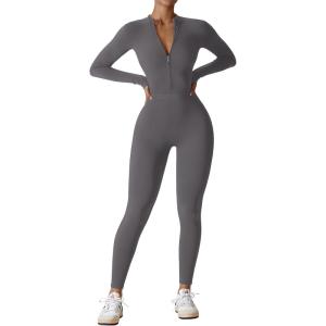 imageYEOREO Women Long Sleeve Workout Jumpsuit Zip Up Romper Bottom Pants Bodysuit Bodycon Sexy One PieceGrey